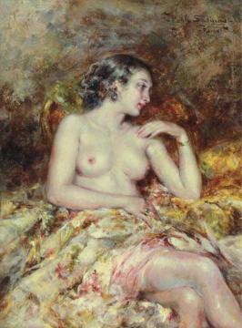 A Semi-nude in an Interior Artwork by Juan Pablo Salinas y Teruel