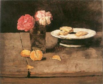 Roses, orange and biscuits on a plate Artwork by Carl Eduard Schuch