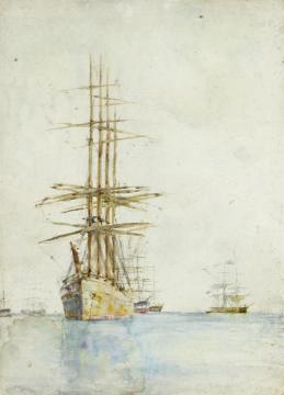 Windjammers lying at their moorings Artwork by Henry Scott Tuke