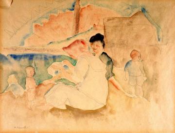 Two Women and Three Children on the Beach Artwork by Charles Demuth
