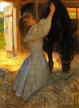 Child Grooming a Horse Artwork by Edmund Tarbell