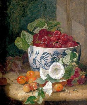 Still Life of Raspberries in a Willow Pattern Bowl, with Cherries and Bindweed Artwork by Eloise Harriet Stannard