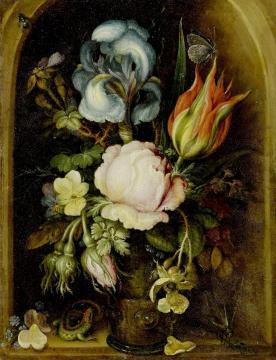 Still Life of Flowers in a Glass Vase with lizard and butterfly in a niche Artwork by Roelant Savery