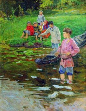 Children Fishing Artwork by Nikolai Petrovich Bogdanov-belsky
