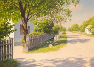 Country lane with chickens and fruit trees Artwork by Johan Krouthén
