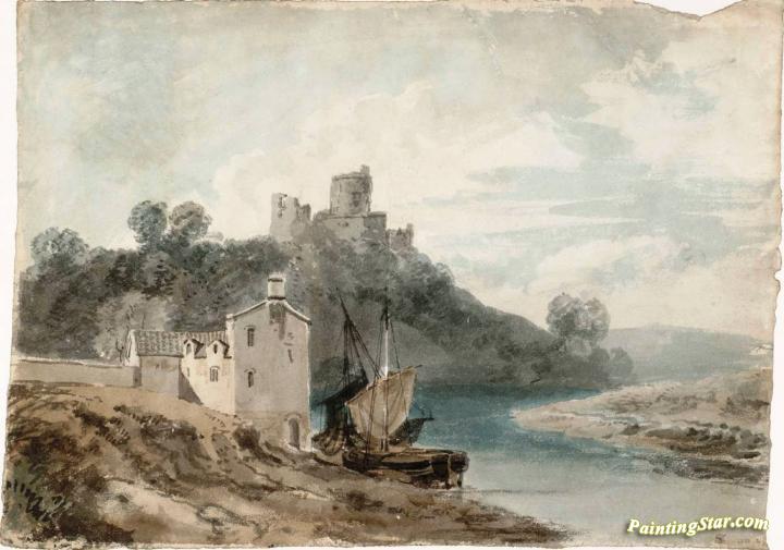 A Ruined Castle above a River, with Boats near a House in the Foreground Artwork by Joseph Mallord William Turner