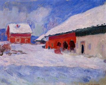 Red Houses at Bjornegaard in the Snow, Norway Artwork by Claude Oscar Monet