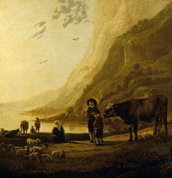 A Mountainous River Landscape with a Herdsman and a Bull Artwork by Aelbert Cuyp