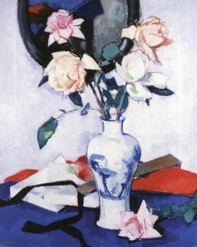Pink Roses in a Japanese Vase Artwork by Samuel John Peploe