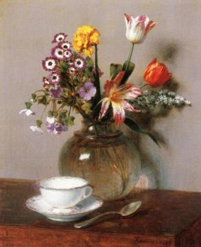 Vase of Flowers with a Coffee Cup Artwork by Henri Fantin-Latour