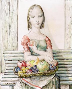 Girl with a Basket of Fruit Artwork by Tsuguharu Foujita