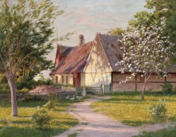 Farm with blooming apple trees Artwork by Johan Krouthén