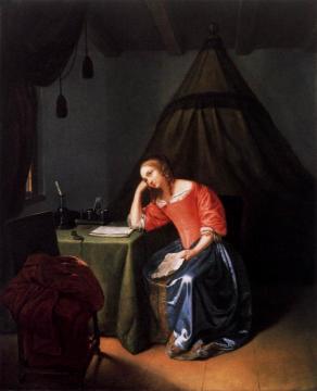 Young Girl Holding A Letter Artwork by Caspar Netscher