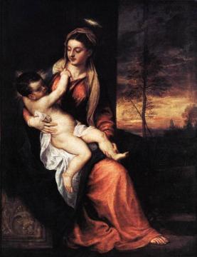 Madonna and Child in an Evening Landscape Artwork by Titian