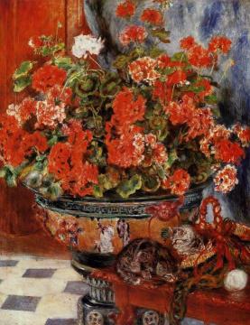 Geraniums And Cats Artwork by Pierre Auguste Renoir