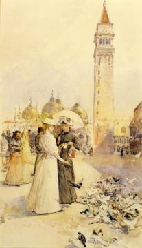 Feeding Pigeons in the Piazza Artwork by Frederick Childe Hassam