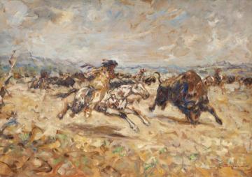 Indians Hunting Buffalo Artwork by Julius Seyler