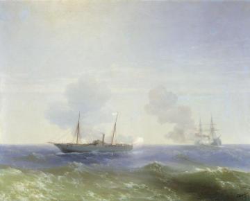 Battle of steamship Vesta and Turkish ironclad. Artwork by Ivan Constantinovich Aivazovsky