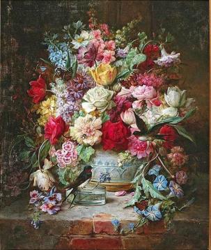 Still Life With Morning Glories, Bluebirds And Bumblebees Artwork by Hans Zatzka