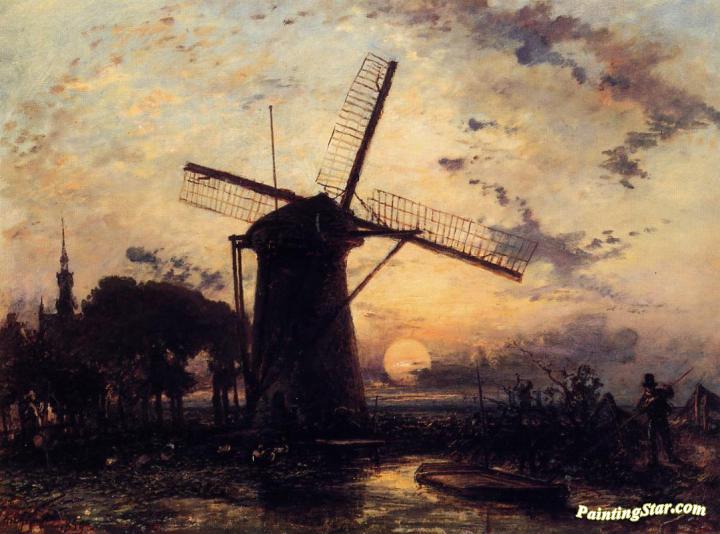 Boatman by a Windmill at Sundown Artwork by Johan Berthold Jongkind