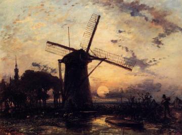 Boatman by a Windmill at Sundown Artwork by Johan Berthold Jongkind