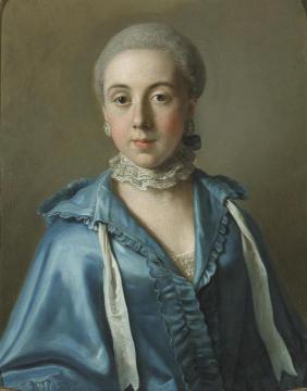 A portrait of a lady with a blue dress and lace collar Artwork by Jean Etienne Liotard