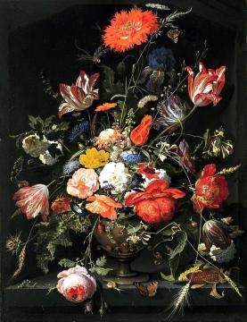 Flowers in a metal vase in a niche Artwork by Abraham Mignon