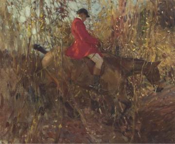 A huntsman approaching a ditch Artwork by Sir Alfred James Munnings