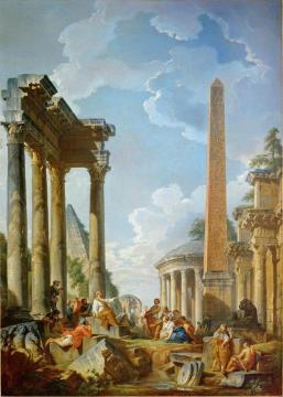 Architectural Capriccio with a Preacher in Roman Ruins Artwork by Giovanni Paolo Pannini