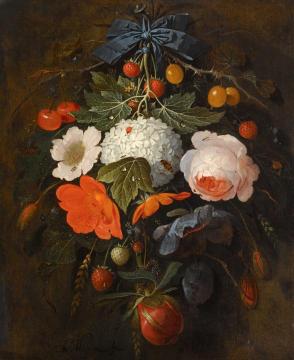 A Festoon Of Flowers And Fruit, Including A Pink Rose, A Poppy, A Snowball Artwork by Abraham Mignon