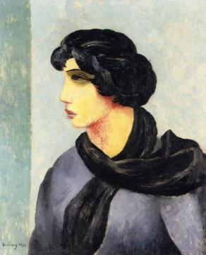 Portrait with Black Scarf Artwork by Moise Kisling