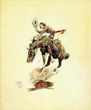 Bucking Horse and Cowgirl Artwork by Charles Marion Russell