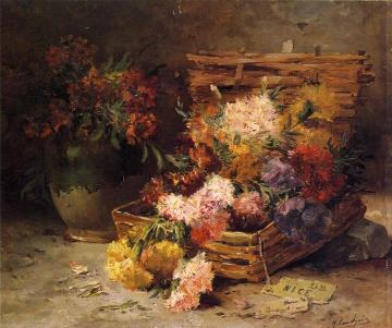 Still Life Of Flowes In A Vase And A Basket Artwork by Eugene Henri Cauchois