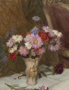 Still Life With Michaelmas Daisies And Cornflowers In A Jug On A White Cloth Draped Table Artwork by Sir George Clausen