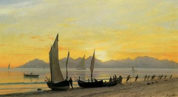 Boats Ashore at Sunset Artwork by Albert Bierstadt