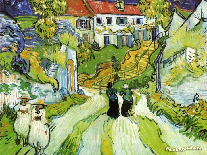 Village Street and Steps in Auvers with Figures Artwork by Vincent Van Gogh