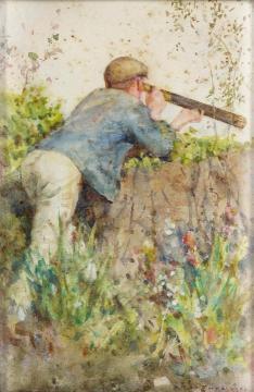 Man looking through a telescope Artwork by Henry Scott Tuke