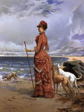 Elegant Lady Walking Her Greyhounds On The Beach Artwork by Edmond-Louis Dupain