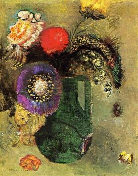 Flowers in Green Vase with Handles Artwork by Odilon Redon
