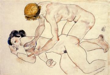 Two Female Nudes, One Reclining, One Kneeling Artwork by Egon Schiele