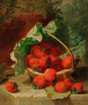 Still Life of Strawberries on a Cabbage Leaf in a Basket Artwork by Eloise Harriet Stannard