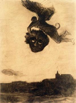 Winged Demon In The Air, Holding A Mask Artwork by Odilon Redon