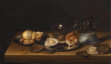 Still life with a Roemer on its Side, Two Pewter Plates, an Oyster and a Bread Roll Artwork by Jan Davidsz De Heem
