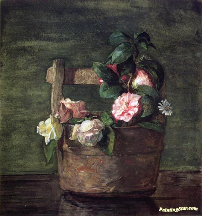 Camellias and Roses in Japanese Vase of Earthenware with Crackle Artwork by John La Farge