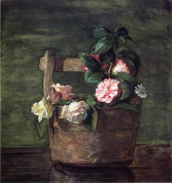 Camellias and Roses in Japanese Vase of Earthenware with Crackle Artwork by John La Farge
