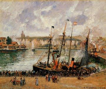 The Inner Harbor, Dieppe: High Tide, Morning, Grey Weather Artwork by Camille Pissarro