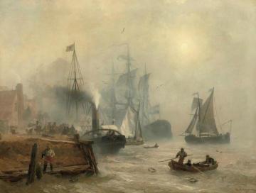 A Moored Steamer at a Busy Quay Artwork by Andreas Achenbach