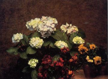 Hydrangias, Cloves and Two Pots of Pansies Artwork by Henri Fantin-Latour