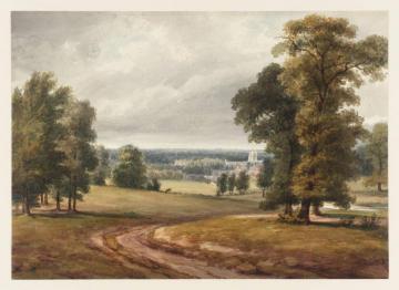 Near Bushey. Landscape with Distant Church beyond Trees Artwork by William Henry Hunt