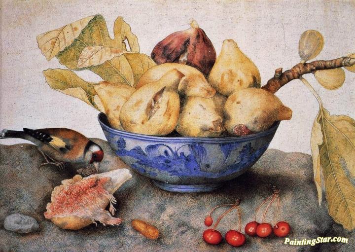 Chinese Bowl With Figs, Cherries, And A Bird Artwork by Giovanna Garzonni